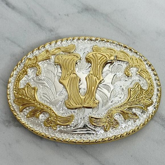 V Letter Initial Monogram Western Gold and Silver Tone Belt Buckle - Picture 1 of 8